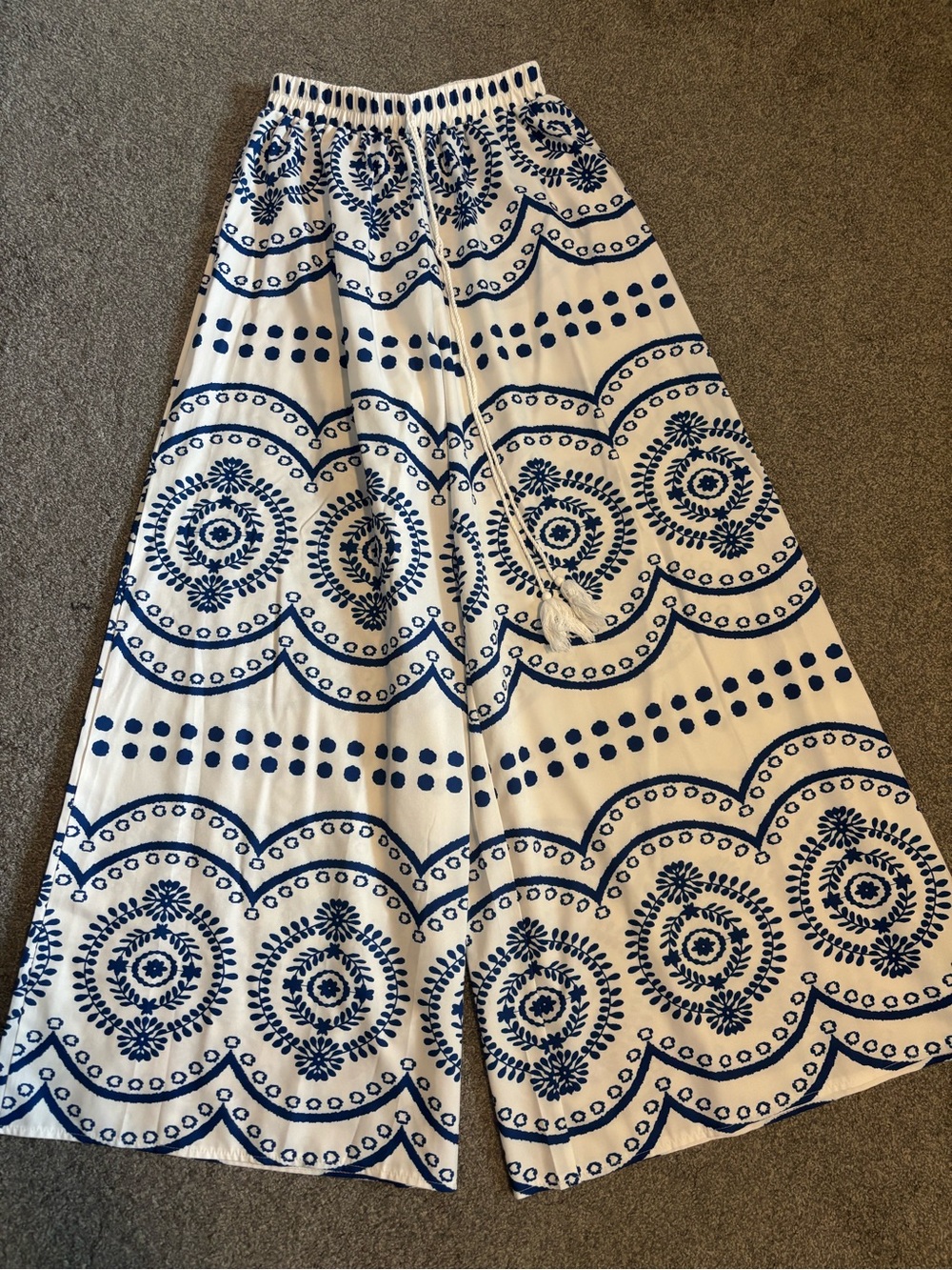 White & Blue Printed Pants - Women's Boho Circle Print